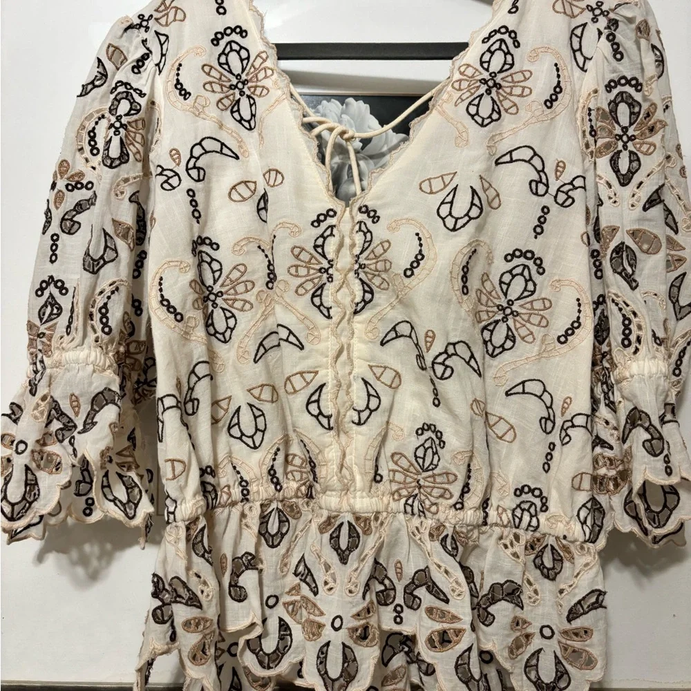 Anthropologie White Eyelet Embroidered Peplum Blouse